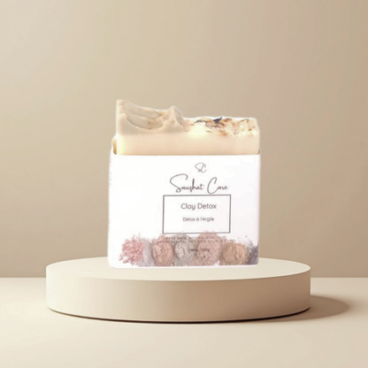 Handmade clay detox soap bar with kaolin clay, bentonite clay, shea butter and botanical oils for refreshing cleansing skincare by Snuzhat Care