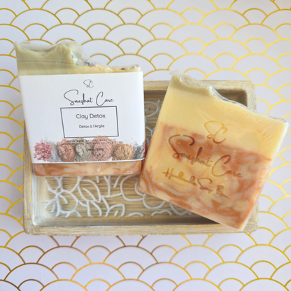 Handmade clay detox soap bar with kaolin clay, bentonite clay, shea butter and botanical oils for refreshing cleansing skincare by Snuzhat Care