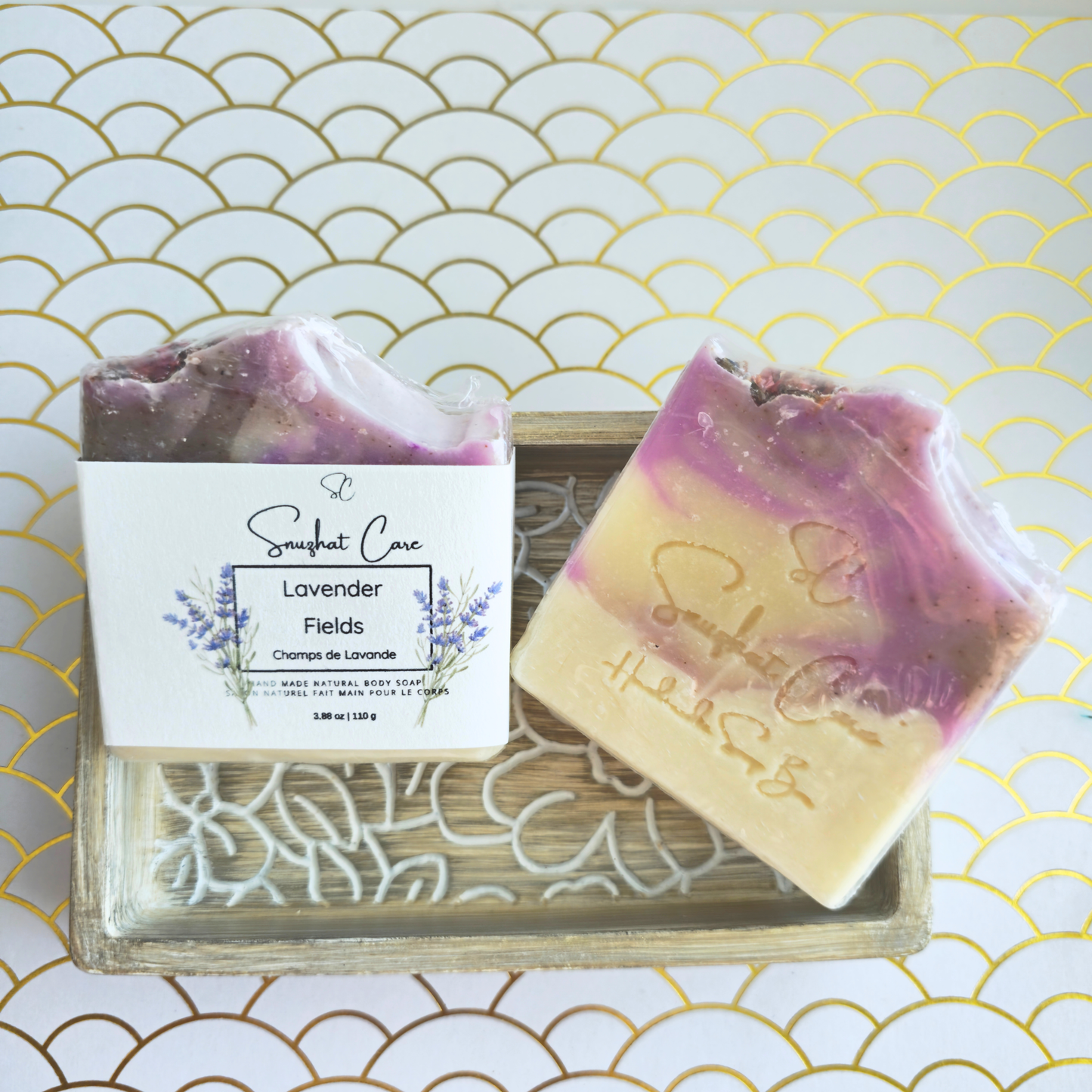 Handmade lavender soap bar with shea butter, lavender oil and botanical oils for calming floral skincare and self-care rituals by Snuzhat Care