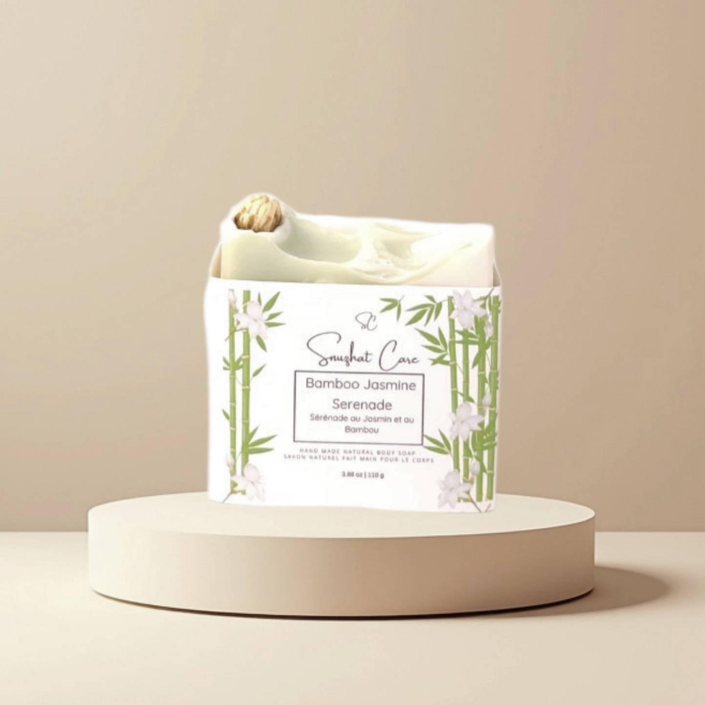 Handmade bamboo jasmine soap bar with shea butter, kaolin clay and botanical oils for luxurious floral skincare and self-care rituals by Snuzhat Care