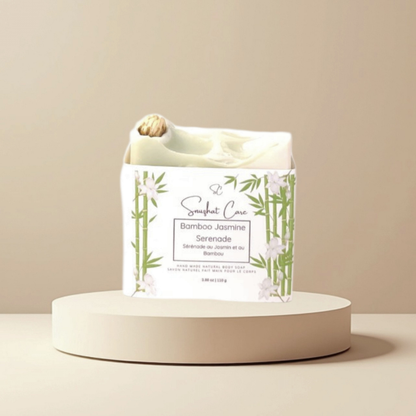 Handmade bamboo jasmine soap bar with shea butter, kaolin clay and botanical oils for luxurious floral skincare and self-care rituals by Snuzhat Care