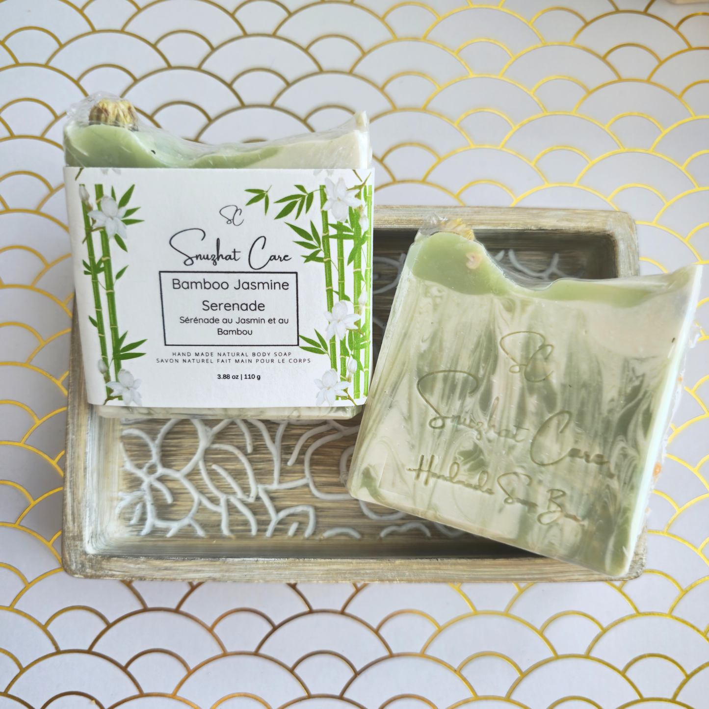 Handmade bamboo jasmine soap bar with shea butter, kaolin clay and botanical oils for luxurious floral skincare and self-care rituals by Snuzhat Care