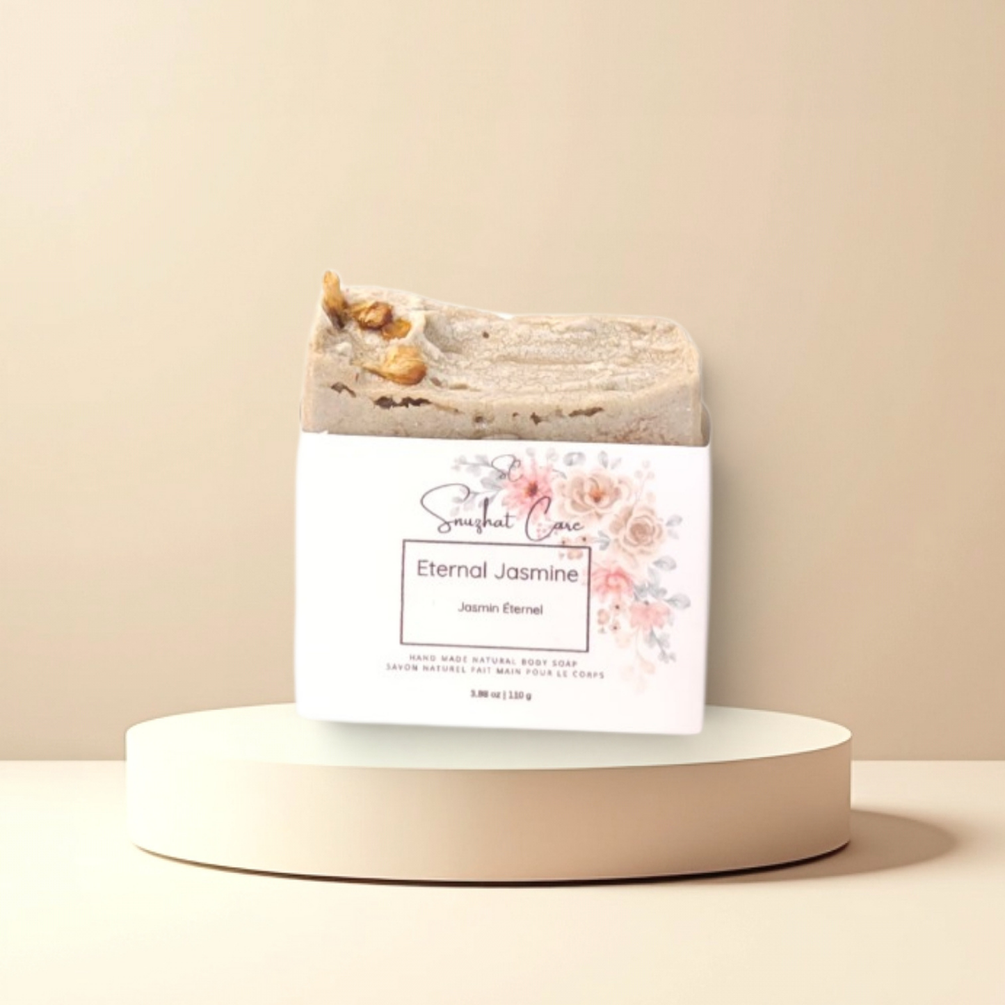 Handmade jasmine soap bar with shea butter, kaolin clay and botanical oils for luxurious floral skincare and self-care rituals by Snuzhat Care