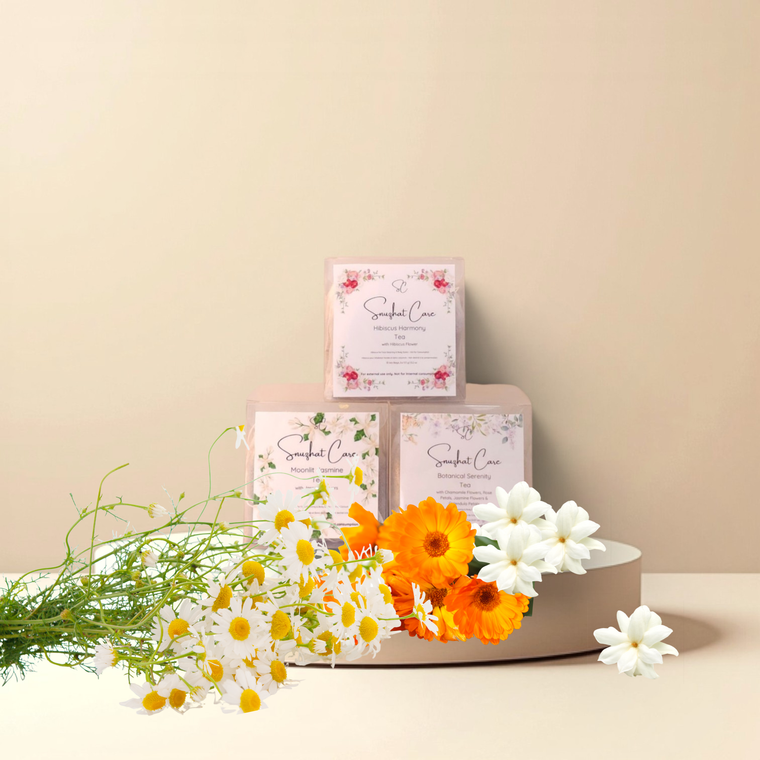 Luxury botanical bath tea soak bags with dried jasmine, hibiscus, rose, calendula and chamomile flowers for relaxing bath soaks, foot soaks and spa self-care rituals by Snuzhat Care