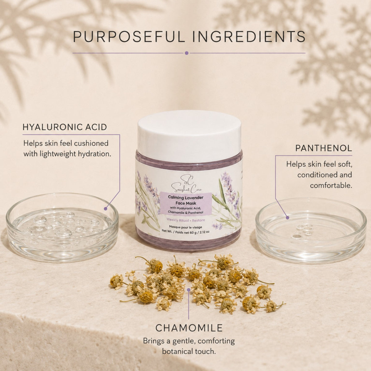 Calming Lavender Face Mask purposeful ingredients with hyaluronic acid, panthenol and chamomile