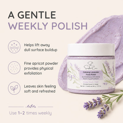 Calming Lavender Face Polish weekly exfoliation benefits with fine apricot powder