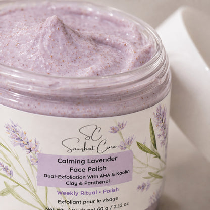Close-up of Calming Lavender Face Polish creamy exfoliating texture and product label