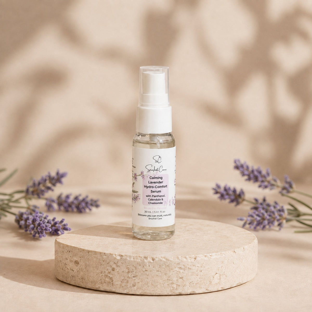 Calming Lavender Face Serum 30 mL styled with lavender