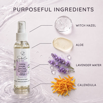 Calming Lavender Face Toner purposeful ingredients featuring witch hazel, aloe, lavender water and calendula