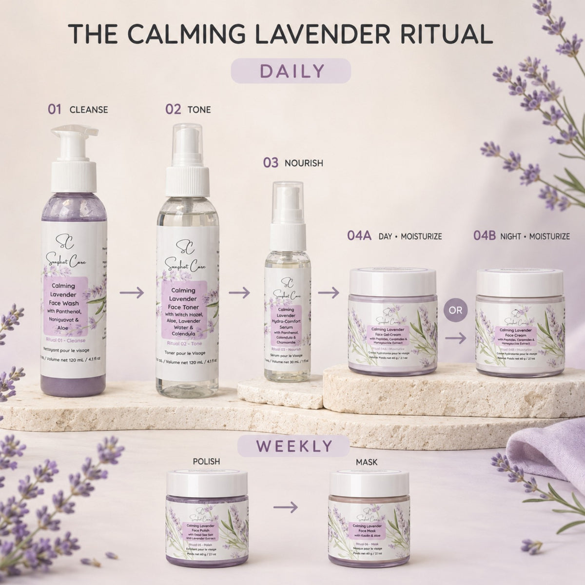 The Calming Lavender Ritual showing Face Wash, Toner, Serum, Gel Cream, Night Cream, Face Polish and Face Mask