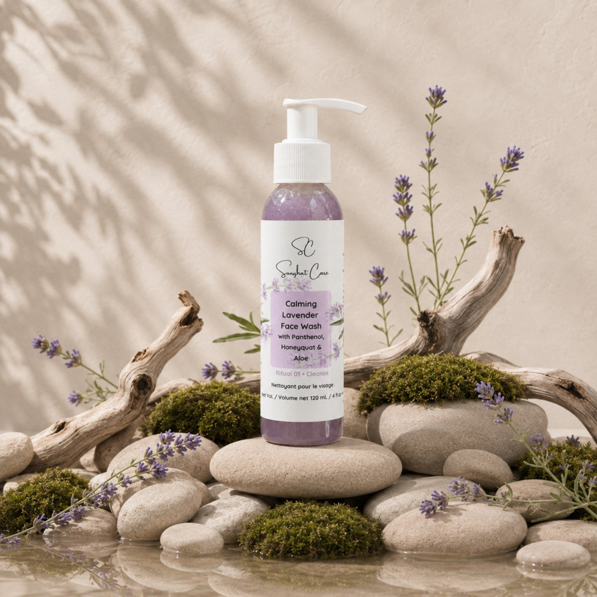 Calming Lavender Face Wash 120 mL styled with lavender, moss, stones and water