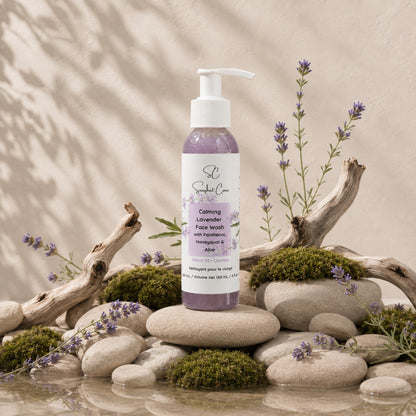 Calming Lavender Face Wash 120 mL styled with lavender, moss, stones and water