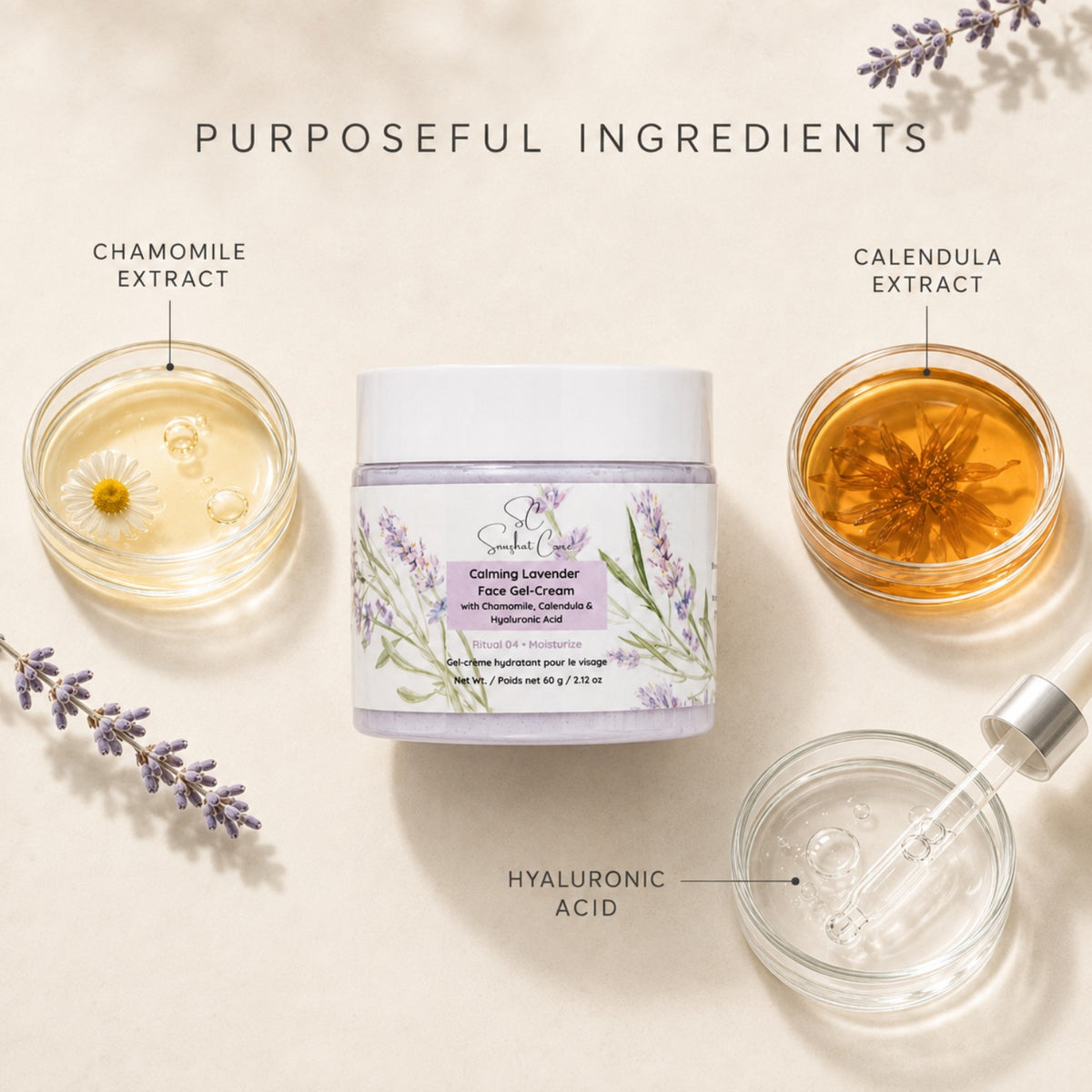 Calming Lavender Face Gel-Cream purposeful ingredients: chamomile extract, calendula extract and hyaluronic acid