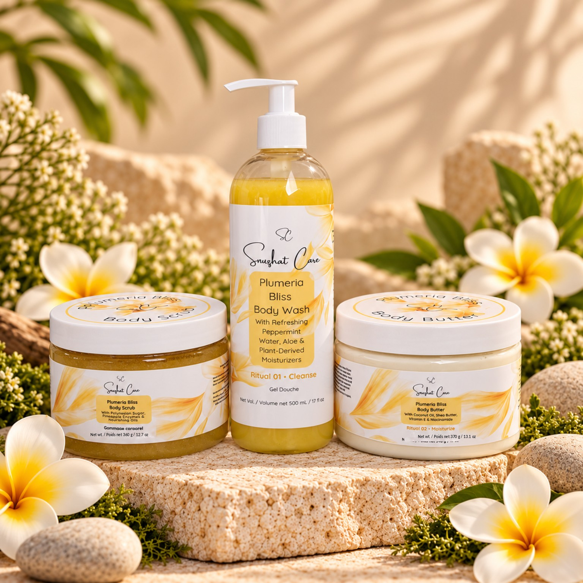 Plumeria Bliss Body Ritual Trio with 500 mL Body Wash, 360 g Body Scrub and 370 g Body Butter