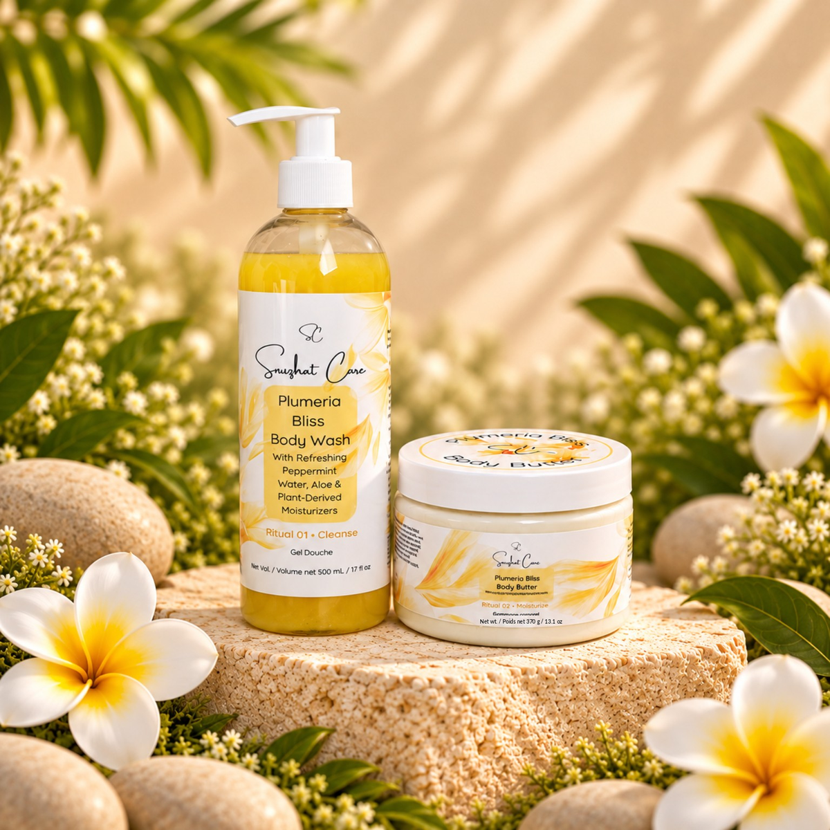 Plumeria Bliss Cleanse + Moisturize Duo with 500 mL Body Wash and 370 g Body Butter