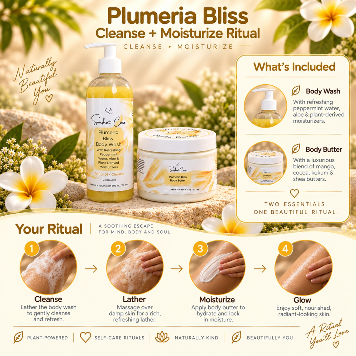 Plumeria Bliss Cleanse + Moisturize ritual steps