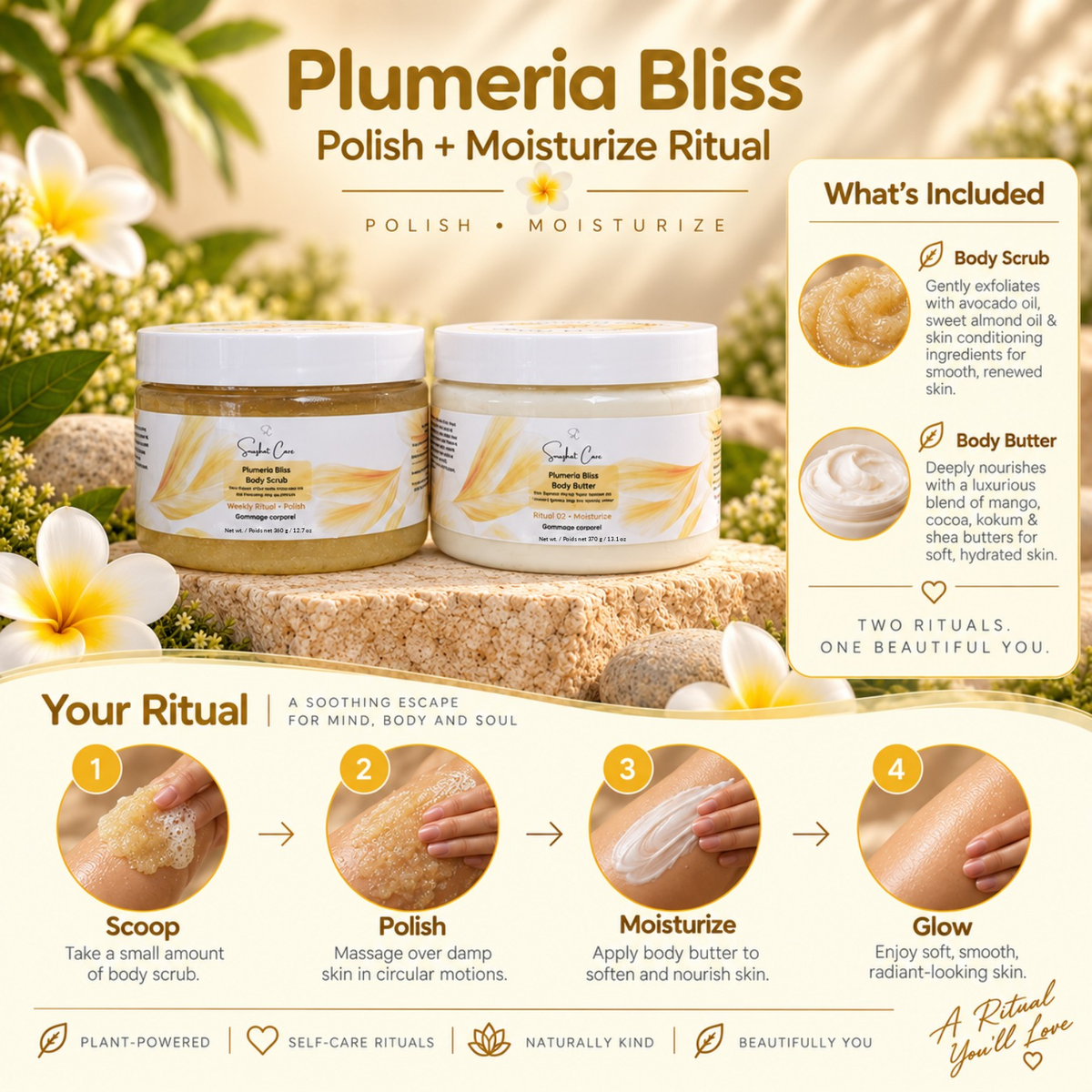 Plumeria Bliss Polish + Moisturize ritual steps