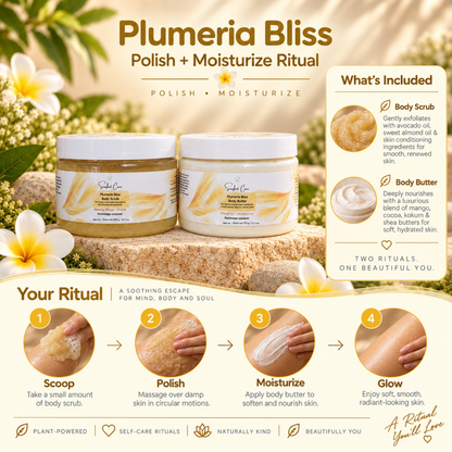 Plumeria Bliss Polish + Moisturize ritual steps