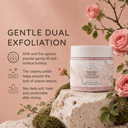 Radiant Rose Face Polish gentle dual exfoliation benefits with AHA and apricot powder