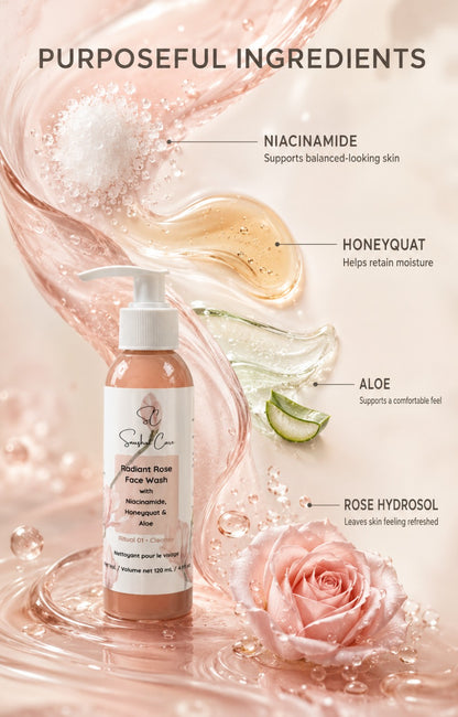 Radiant Rose Face Wash purposeful ingredients: niacinamide, Honeyquat, aloe and rose hydrosol