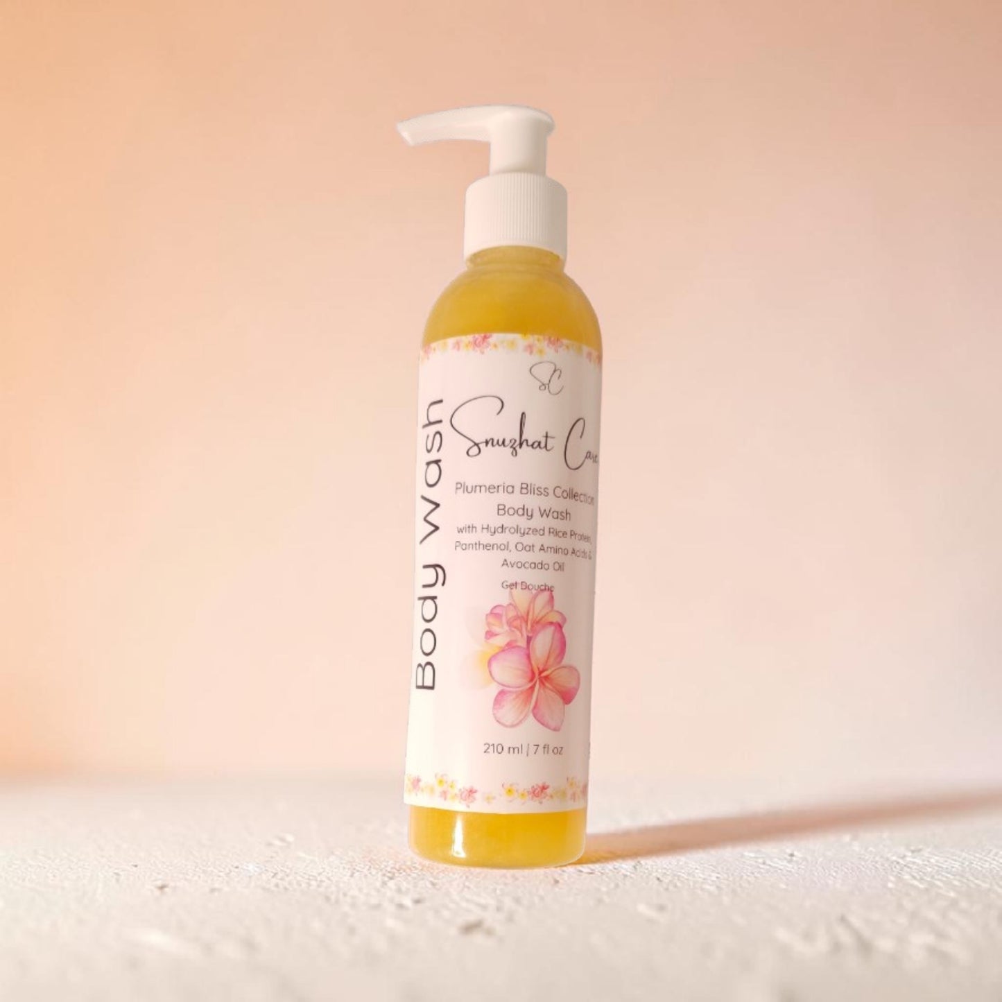 Luxury plumeria sulfate-free body wash with aloe vera, avocado oil, lavender hydrosol and rose water for hydrating tropical skincare rituals by Snuzhat Care