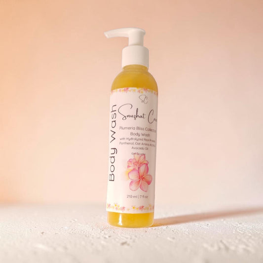 Luxury plumeria sulfate-free body wash with aloe vera, avocado oil, lavender hydrosol and rose water for hydrating tropical skincare rituals by Snuzhat Care