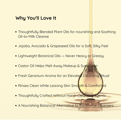 Luxury oil to milk face cleansing oil with avocado oil, grapeseed oil, jojoba oil and sunflower oil for gentle botanical skincare cleansing by Snuzhat Care