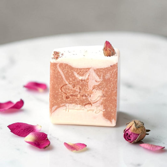 Handmade rose and pink Himalayan salt soap bar with Brazilian rose clay, shea butter and botanical oils for gentle exfoliating skincare by Snuzhat Care
