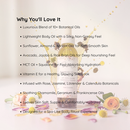 Luxury botanical body oil with squalane, jojoba oil, floral botanicals and essential oils for radiant hydrated skin and spa self-care rituals by Snuzhat Care