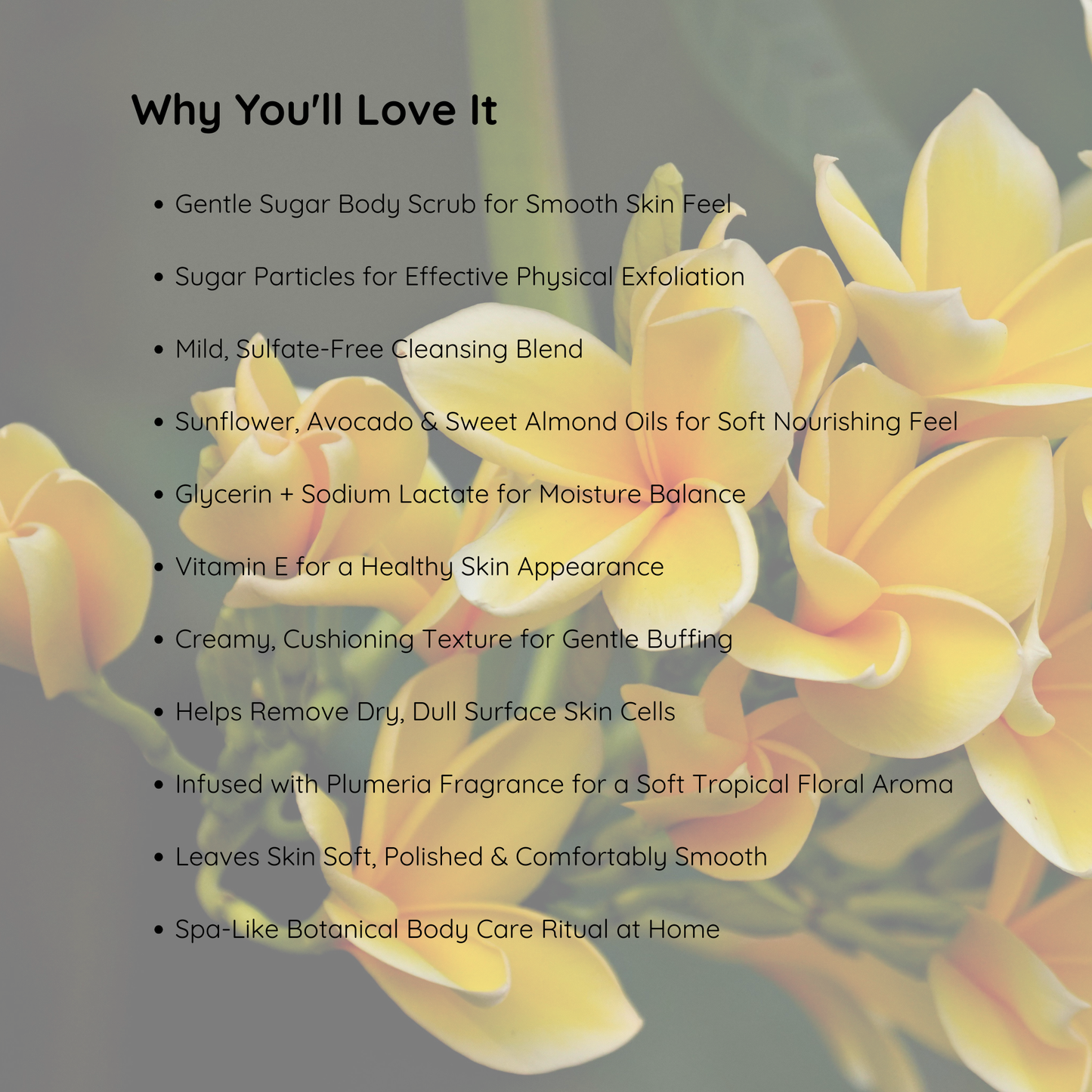 Luxury plumeria sugar body scrub with avocado oil, sweet almond oil and sunflower oil for tropical exfoliating body care and self-care rituals by Snuzhat Care