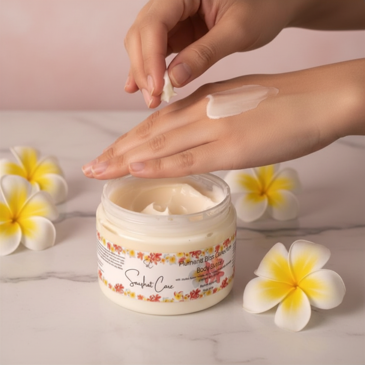 Luxury plumeria body butter with shea butter, kokum butter, jojoba oil and botanical hydrosols for silky hydrated skin and tropical self-care rituals by Snuzhat Care