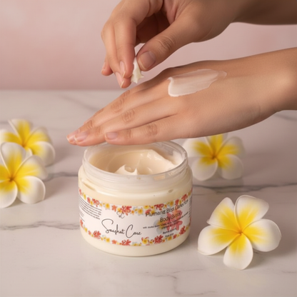 Luxury plumeria body butter with shea butter, kokum butter, jojoba oil and botanical hydrosols for silky hydrated skin and tropical self-care rituals by Snuzhat Care