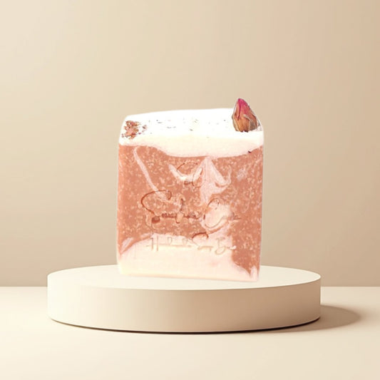 Handmade rose and pink Himalayan salt soap bar with Brazilian rose clay, shea butter and botanical oils for gentle exfoliating skincare by Snuzhat Care