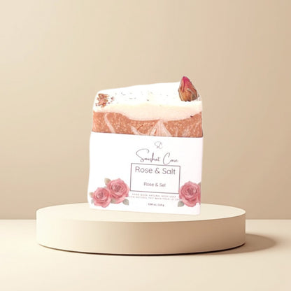 Handmade rose and pink Himalayan salt soap bar with Brazilian rose clay, shea butter and botanical oils for gentle exfoliating skincare by Snuzhat Care