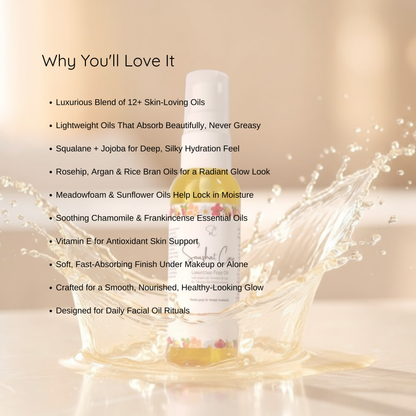 Luxury botanical face oil with rosehip oil, squalane, argan oil and jojoba oil for radiant hydrated skincare and self-care rituals by Snuzhat Care