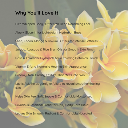 Luxury plumeria body butter with shea butter, kokum butter, jojoba oil and botanical hydrosols for silky hydrated skin and tropical self-care rituals by Snuzhat Care