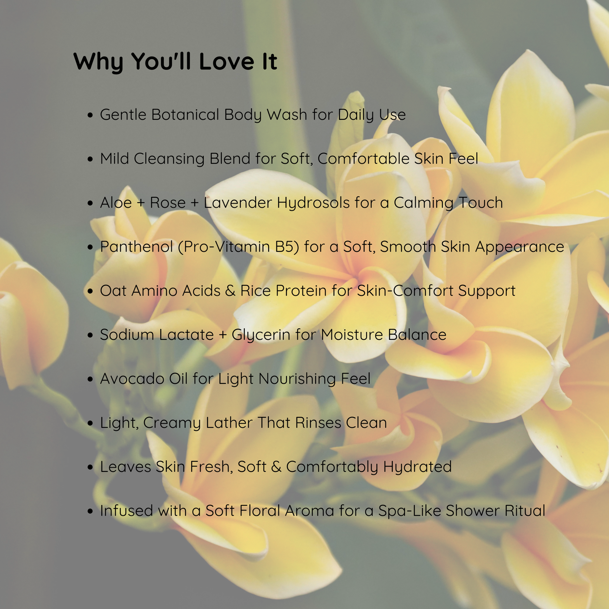 Luxury plumeria sulfate-free body wash with aloe vera, avocado oil, lavender hydrosol and rose water for hydrating tropical skincare rituals by Snuzhat Care