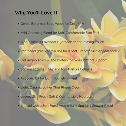 Luxury plumeria sulfate-free body wash with aloe vera, avocado oil, lavender hydrosol and rose water for hydrating tropical skincare rituals by Snuzhat Care