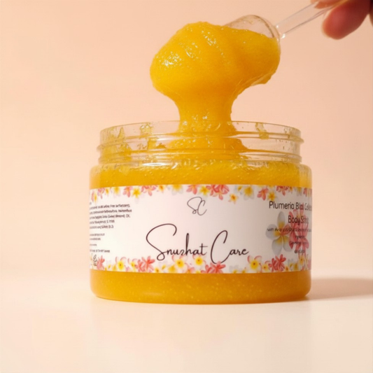Luxury plumeria sugar body scrub with avocado oil, sweet almond oil and sunflower oil for tropical exfoliating body care and self-care rituals by Snuzhat Care