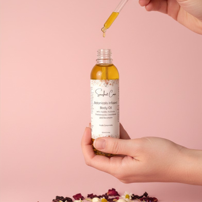 Luxury botanical body oil with squalane, jojoba oil, floral botanicals and essential oils for radiant hydrated skin and spa self-care rituals by Snuzhat Care