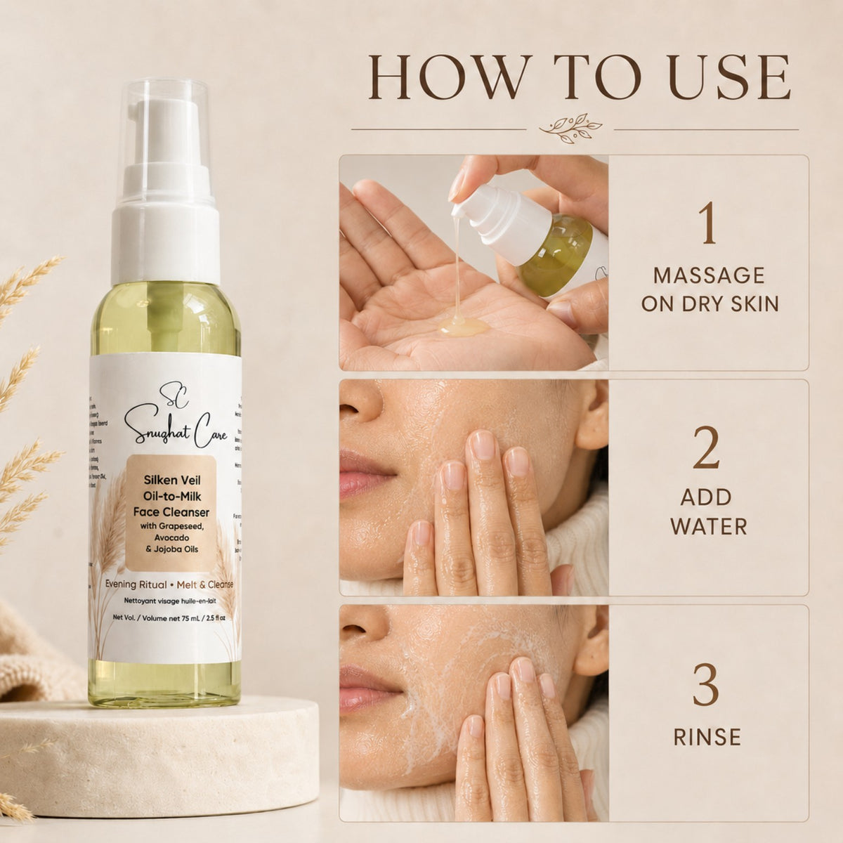 How to use Silken Veil Oil-to-Milk Face Cleanser: massage on dry skin, add water and rinse