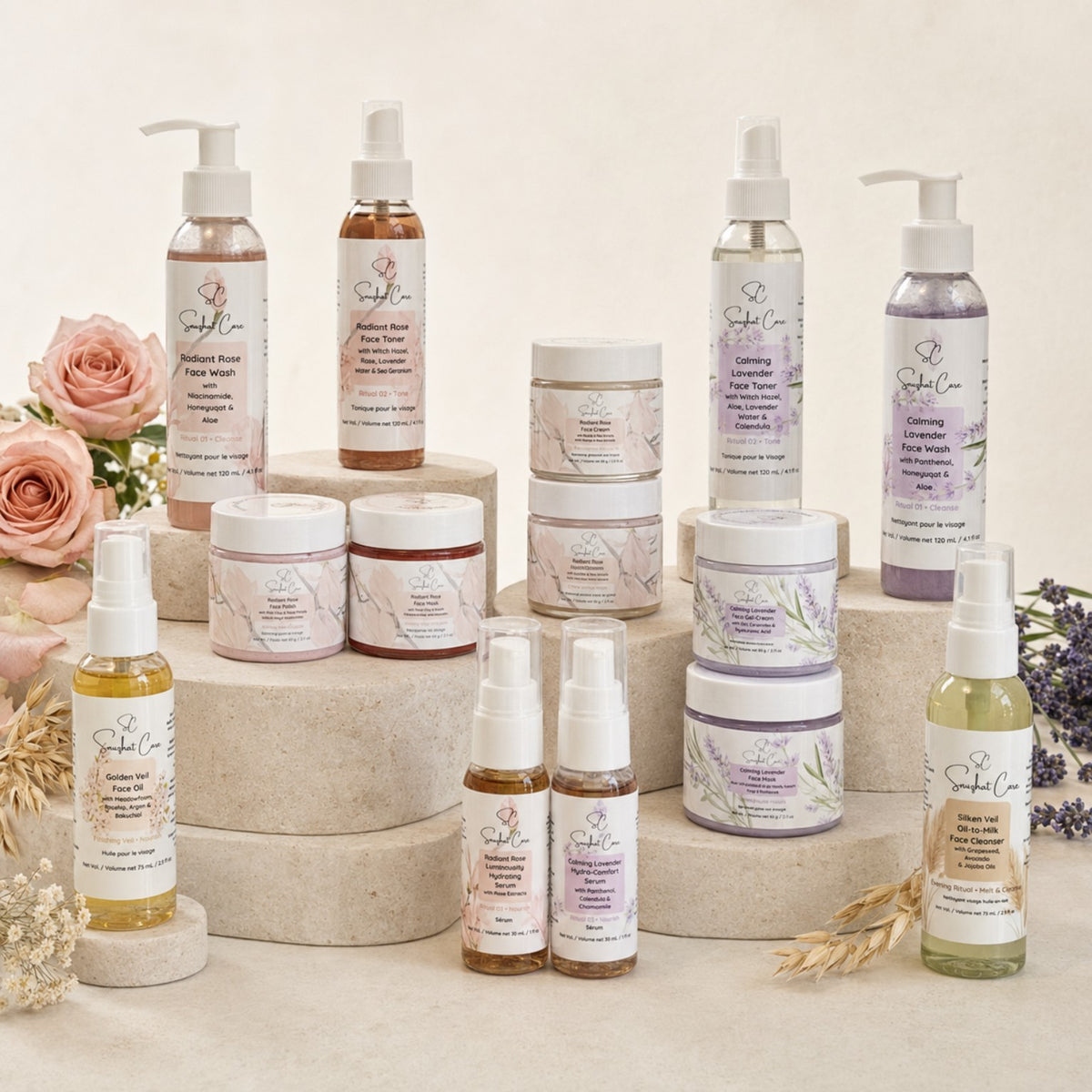 Snuzhat Care complete Radiant Rose, Calming Lavender, face oil and oil cleanser range